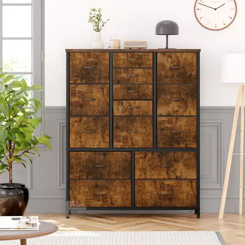 Commode haute pour chambre à coucher avec 15 tiroirs, commode de rangement avec bacs en tissu, organisateur de rangement pour vêtements, commode de placard en tissu pour salon