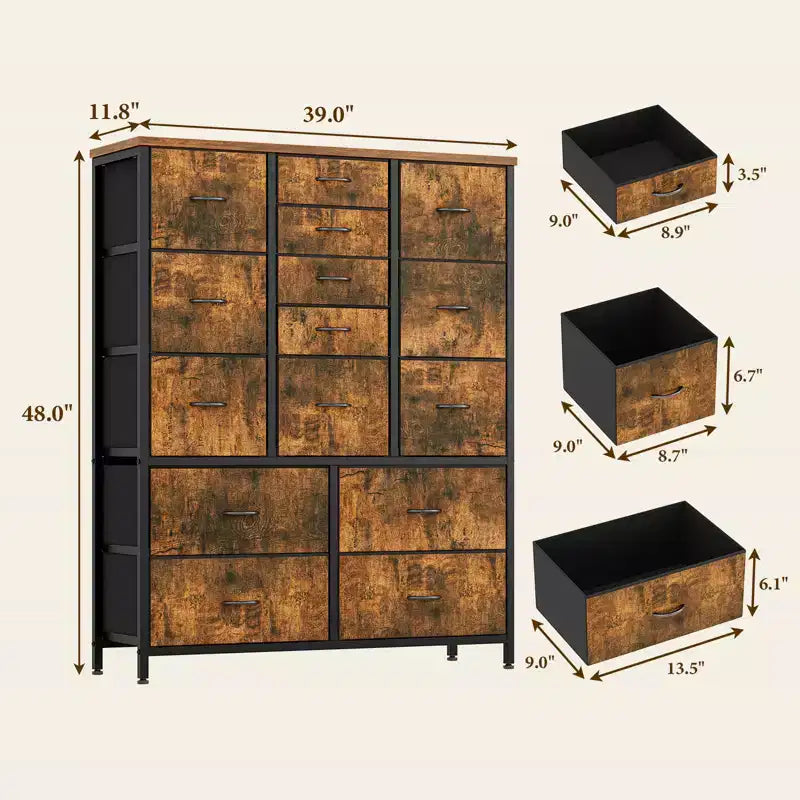 Commode haute pour chambre à coucher avec 15 tiroirs, commode de rangement avec bacs en tissu, organisateur de rangement pour vêtements, commode de placard en tissu pour salon
