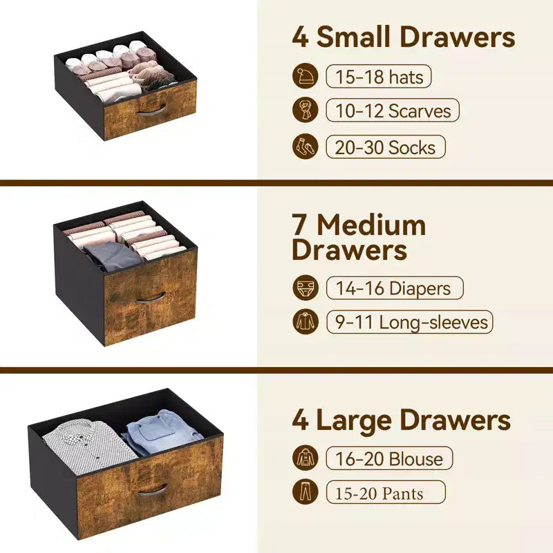 Commode haute pour chambre à coucher avec 15 tiroirs, commode de rangement avec bacs en tissu, organisateur de rangement pour vêtements, commode de placard en tissu pour salon