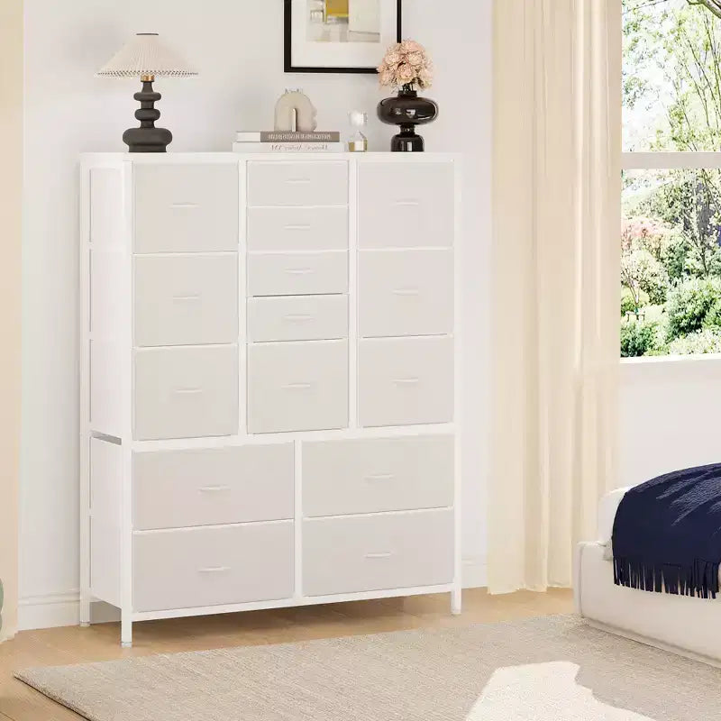 Commode haute pour chambre à coucher avec 15 tiroirs, commode de rangement avec bacs en tissu, organisateur de rangement pour vêtements, commode de placard en tissu pour salon