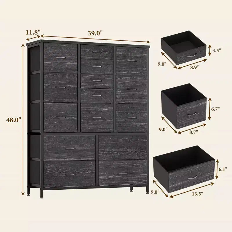 Commode haute pour chambre à coucher avec 15 tiroirs, commode de rangement avec bacs en tissu, organisateur de rangement pour vêtements, commode de placard en tissu pour salon