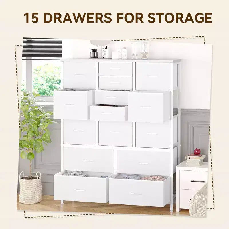 Commode haute pour chambre à coucher avec 15 tiroirs, commode de rangement avec bacs en tissu, organisateur de rangement pour vêtements, commode de placard en tissu pour salon