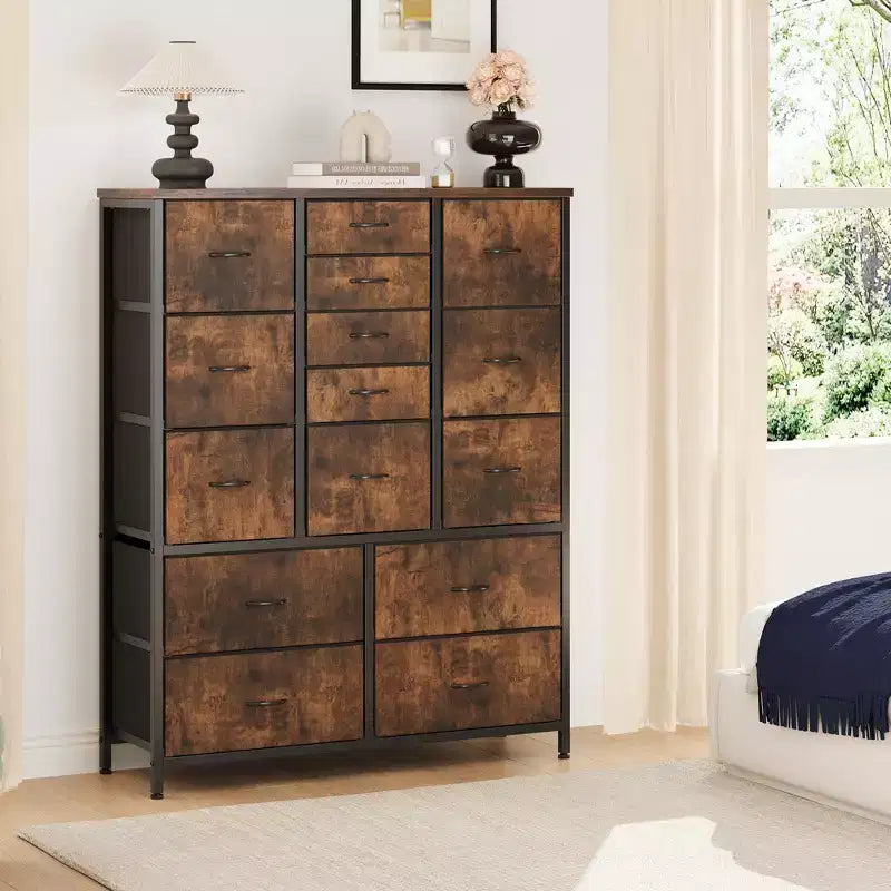 Commode haute pour chambre à coucher avec 15 tiroirs, commode de rangement avec bacs en tissu, organisateur de rangement pour vêtements, commode de placard en tissu pour salon