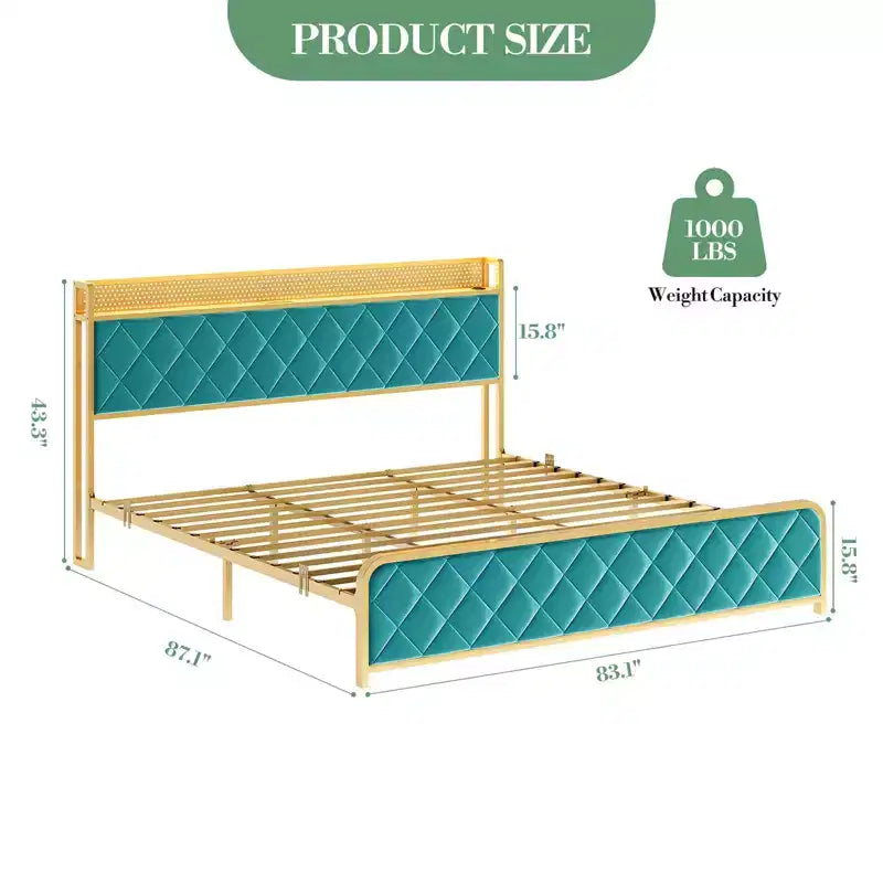 Cadre de lit plateforme King Size avec station de recharge et lumières LED, cadre de lit King avec tête de lit de rangement en velours