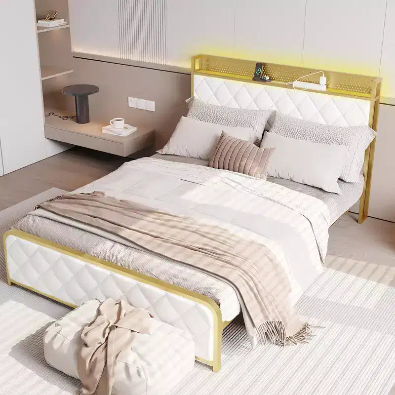 Cadre de lit plateforme King Size avec station de recharge et lumières LED, cadre de lit King avec tête de lit de rangement en velours