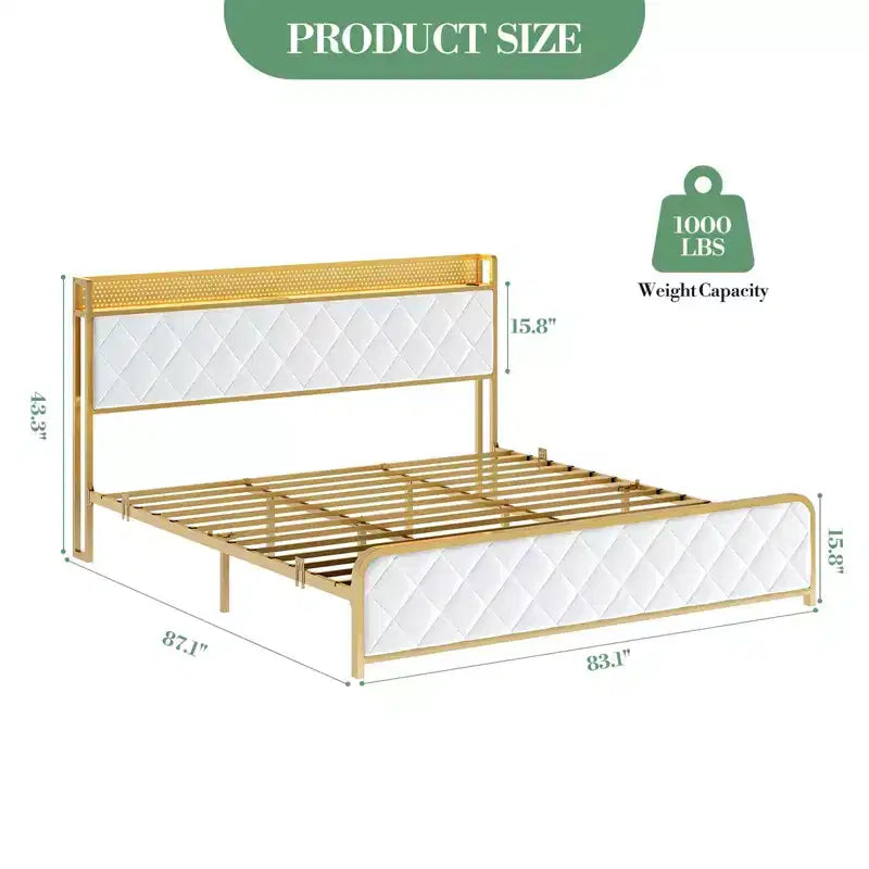 Cadre de lit plateforme King Size avec station de recharge et lumières LED, cadre de lit King avec tête de lit de rangement en velours
