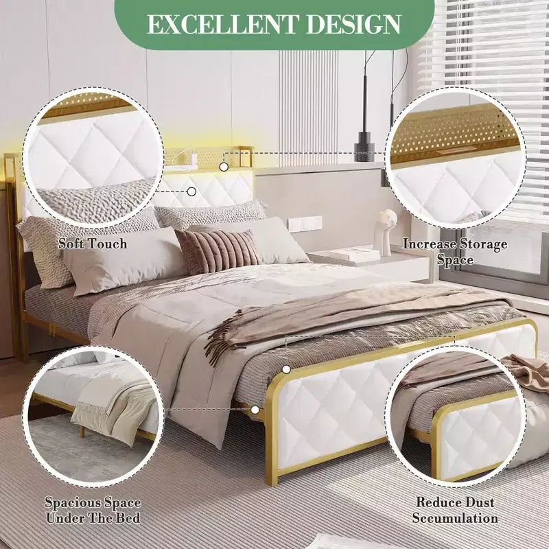 Cadre de lit plateforme King Size avec station de recharge et lumières LED, cadre de lit King avec tête de lit de rangement en velours