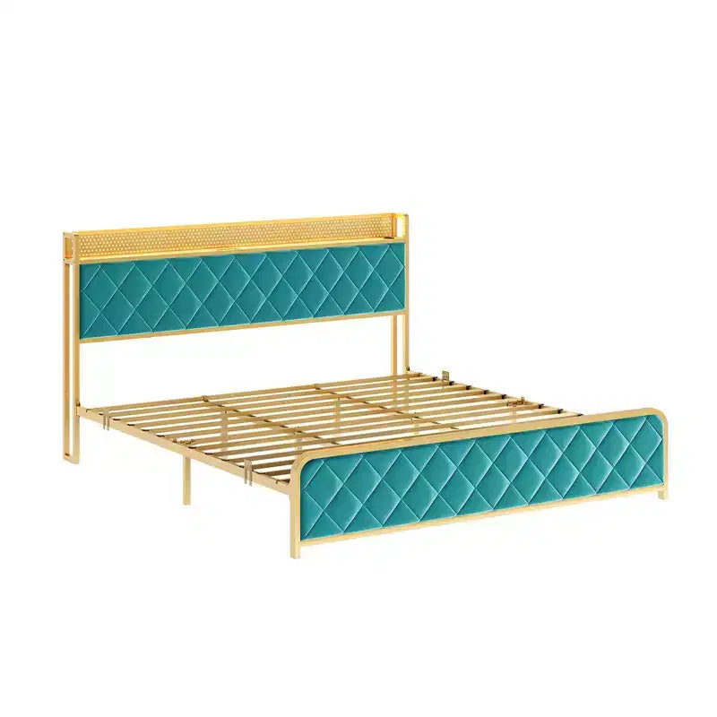 Cadre de lit plateforme King Size avec station de recharge et lumières LED, cadre de lit King avec tête de lit de rangement en velours