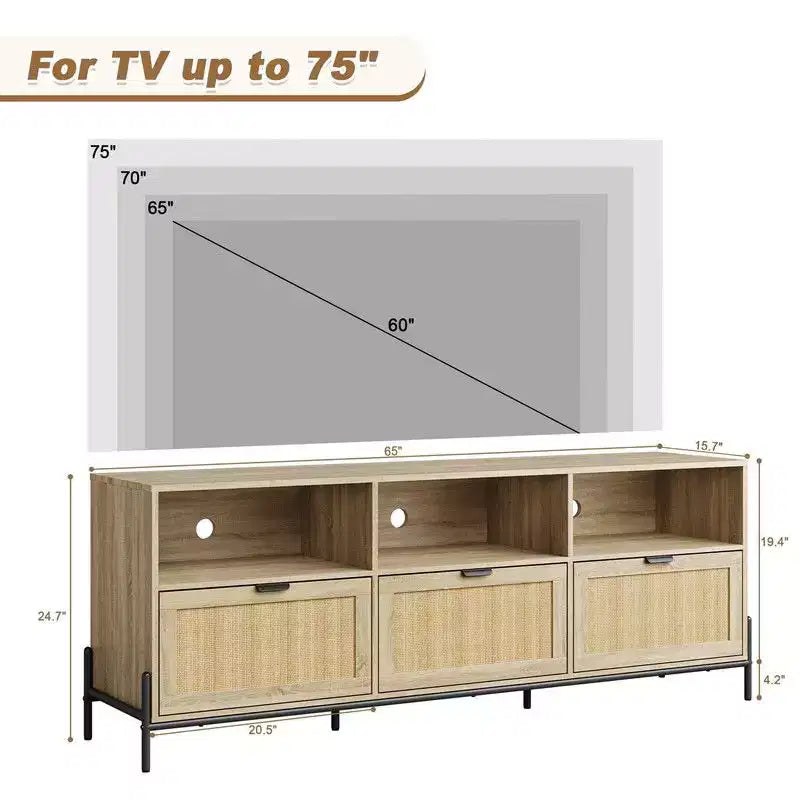 Meuble TV en rotin pour TV jusqu'à 75'', meuble de rangement avec étagère ouverte et 3 tiroirs, meuble TV moderne du milieu du siècle