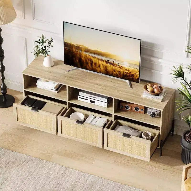 Meuble TV en rotin pour TV jusqu'à 75'', meuble de rangement avec étagère ouverte et 3 tiroirs, meuble TV moderne du milieu du siècle