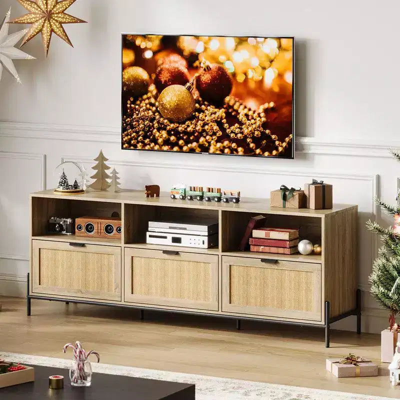 Meuble TV en rotin pour TV jusqu'à 75'', meuble de rangement avec étagère ouverte et 3 tiroirs, meuble TV moderne du milieu du siècle