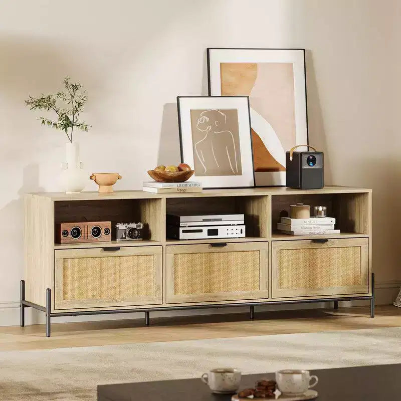 Meuble TV en rotin pour TV jusqu'à 75'', meuble de rangement avec étagère ouverte et 3 tiroirs, meuble TV moderne du milieu du siècle