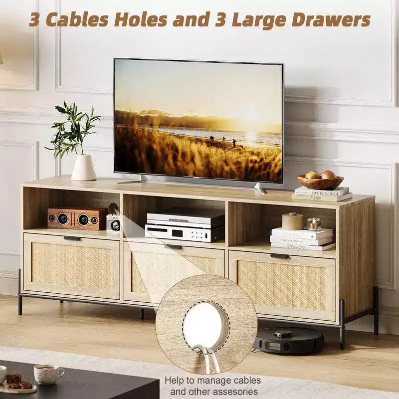Meuble TV en rotin pour TV jusqu'à 75'', meuble de rangement avec étagère ouverte et 3 tiroirs, meuble TV moderne du milieu du siècle