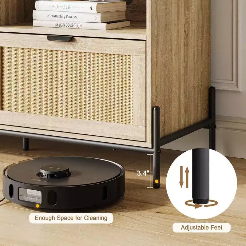 Meuble TV en rotin pour TV jusqu'à 75'', meuble de rangement avec étagère ouverte et 3 tiroirs, meuble TV moderne du milieu du siècle