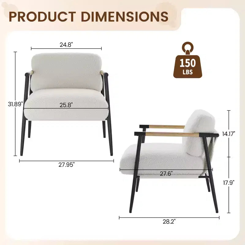 Fauteuil d'appoint moderne, fauteuil confortable avec cadre en métal et accoudoirs en bois, fauteuil de lecture douillet avec coussin moelleux pour chambre, salon