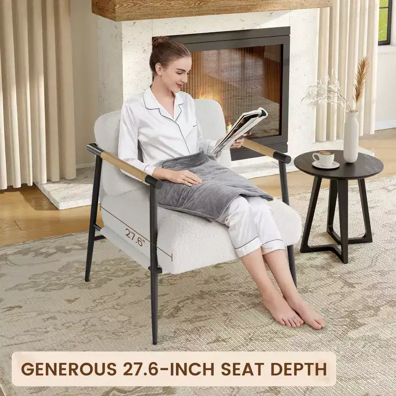 Fauteuil d'appoint moderne, fauteuil confortable avec cadre en métal et accoudoirs en bois, fauteuil de lecture douillet avec coussin moelleux pour chambre, salon