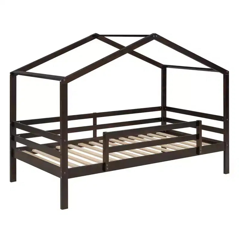 Lit superposé en bois double sur double avec toit, lits superposés bas avec toboggan et échelle