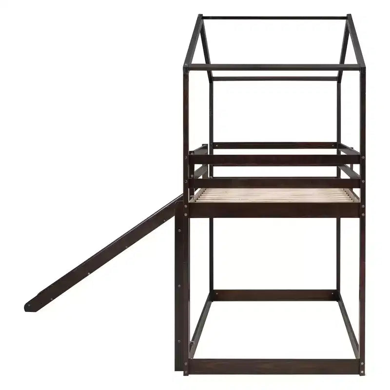 Lit superposé en bois double sur double avec toit, lits superposés bas avec toboggan et échelle