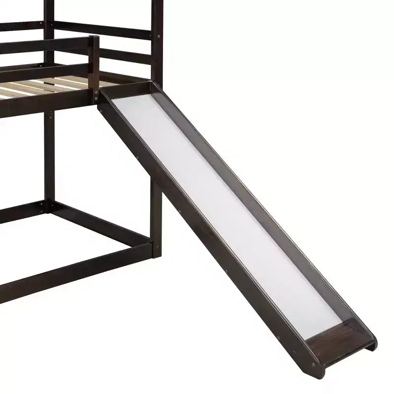 Lit superposé en bois double sur double avec toit, lits superposés bas avec toboggan et échelle