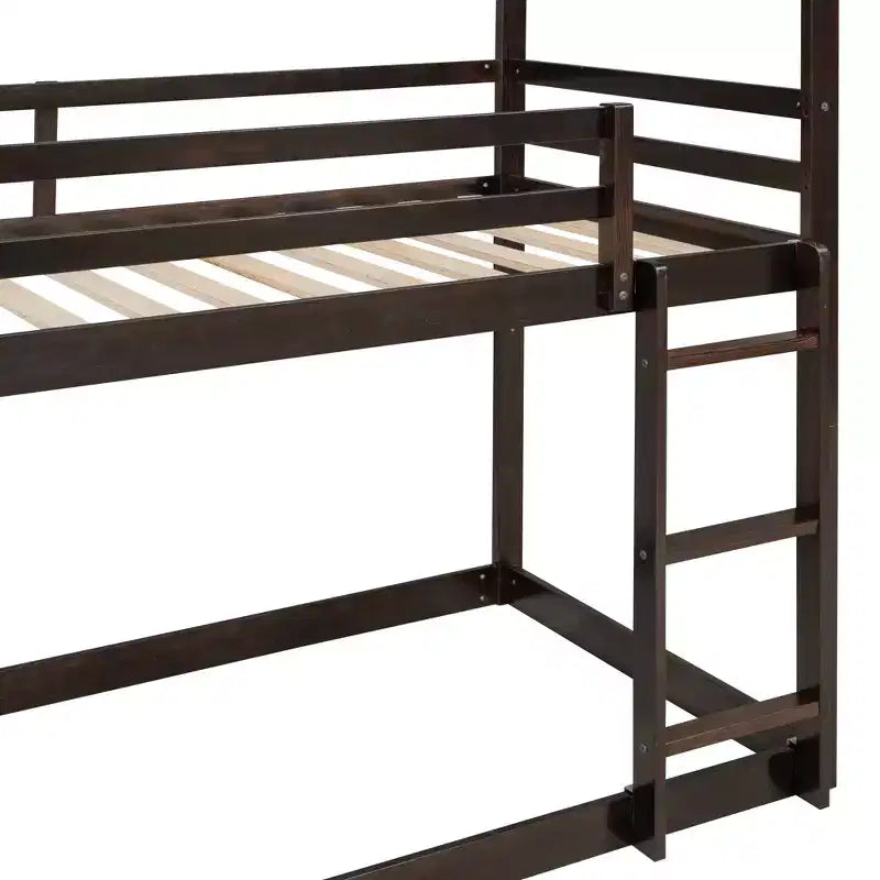 Lit superposé en bois double sur double avec toit, lits superposés bas avec toboggan et échelle