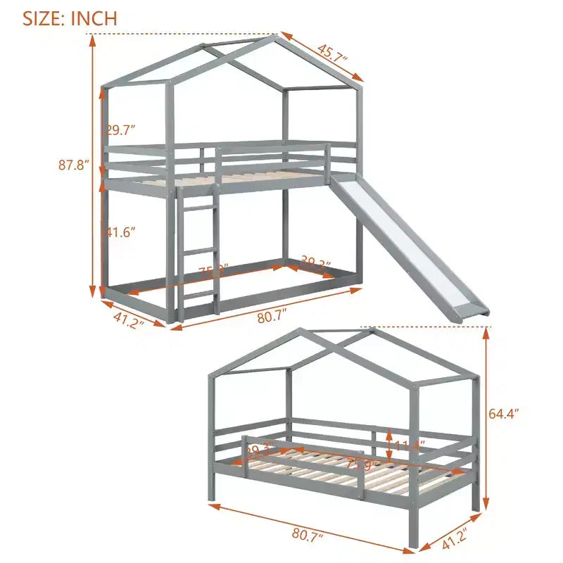 Lit superposé en bois double sur double avec toit, lits superposés bas avec toboggan et échelle