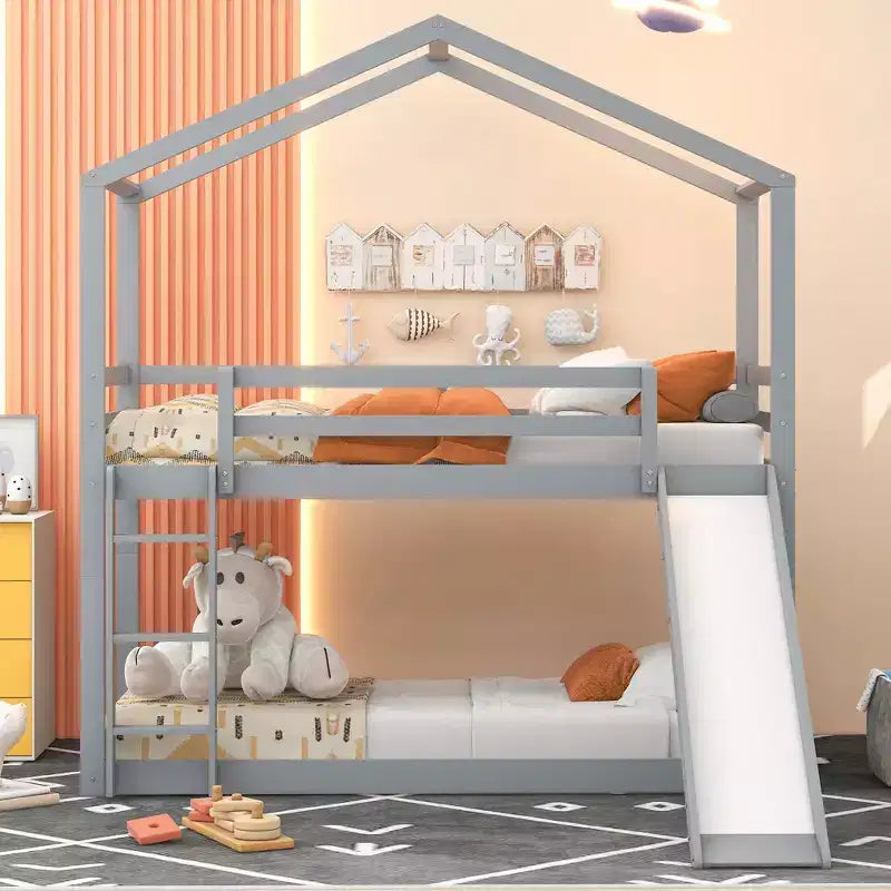 Lit superposé en bois double sur double avec toit, lits superposés bas avec toboggan et échelle