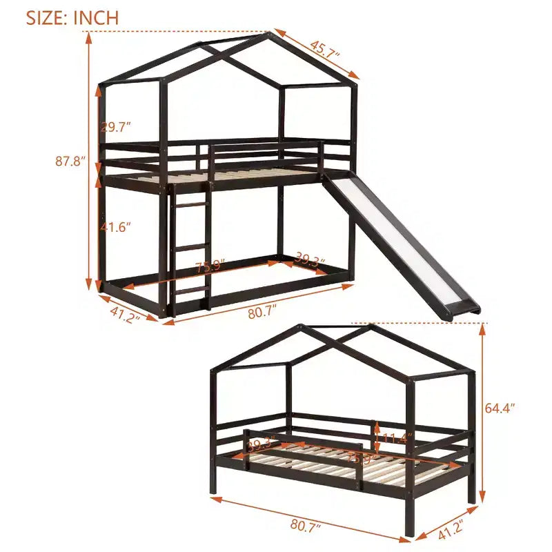 Lit superposé en bois double sur double avec toit, lits superposés bas avec toboggan et échelle