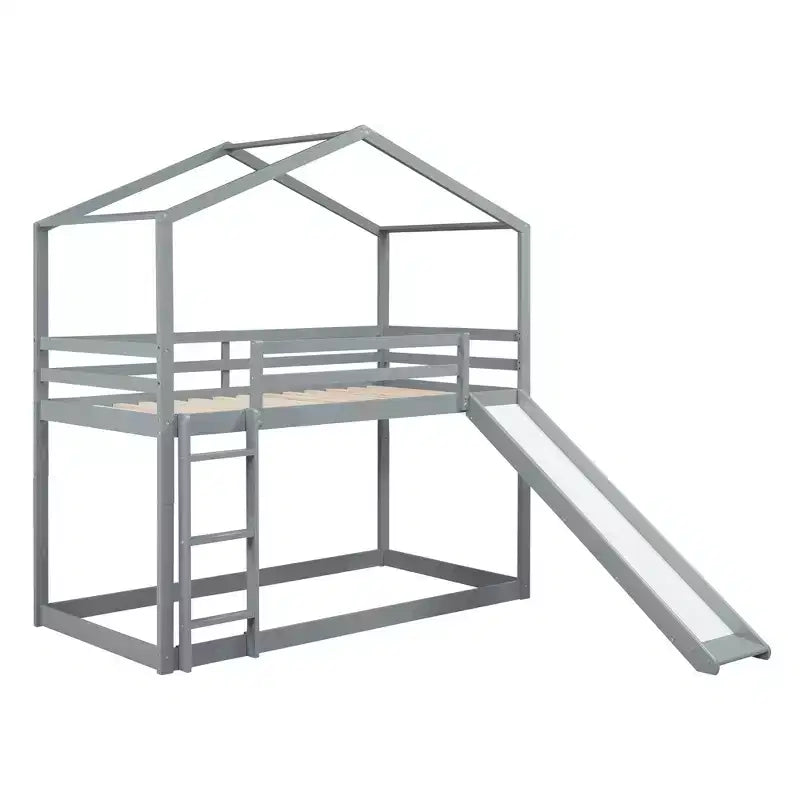 Lit superposé en bois double sur double avec toit, lits superposés bas avec toboggan et échelle