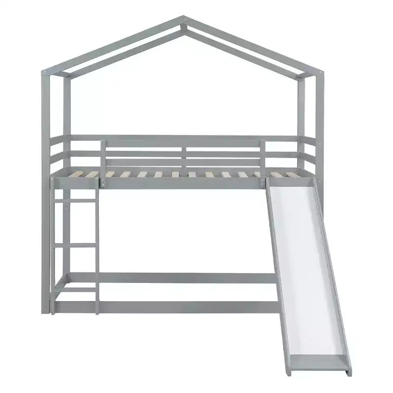 Lit superposé en bois double sur double avec toit, lits superposés bas avec toboggan et échelle