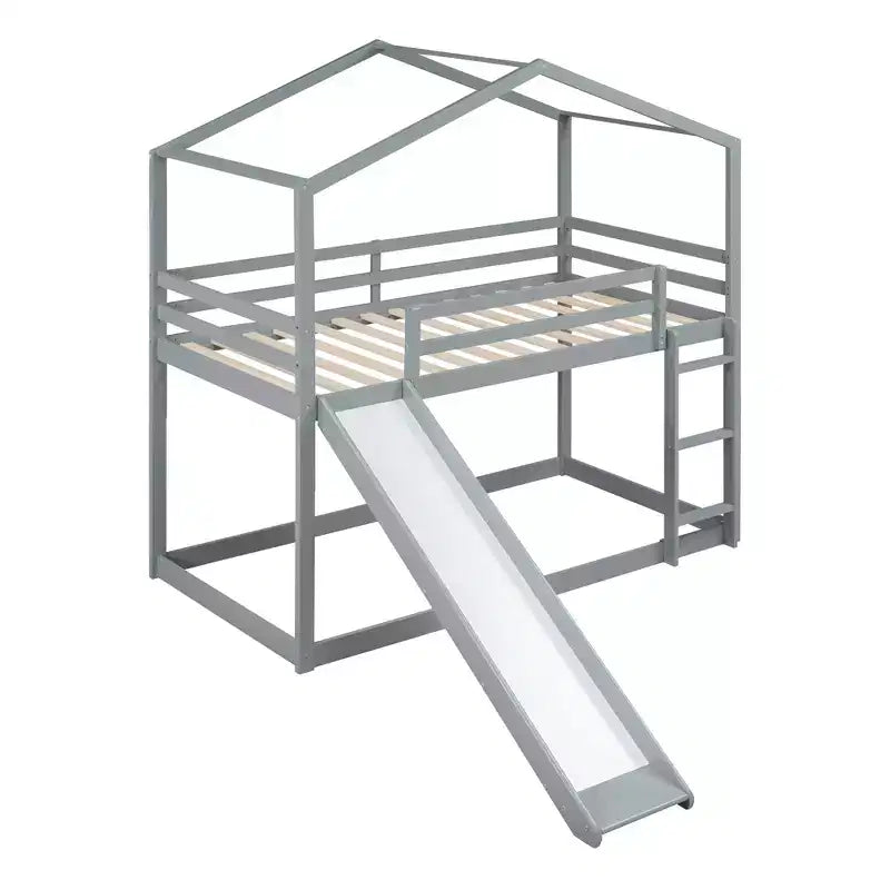 Lit superposé en bois double sur double avec toit, lits superposés bas avec toboggan et échelle