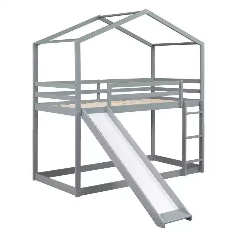 Lit superposé en bois double sur double avec toit, lits superposés bas avec toboggan et échelle