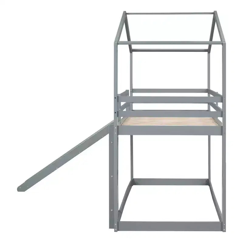 Lit superposé en bois double sur double avec toit, lits superposés bas avec toboggan et échelle