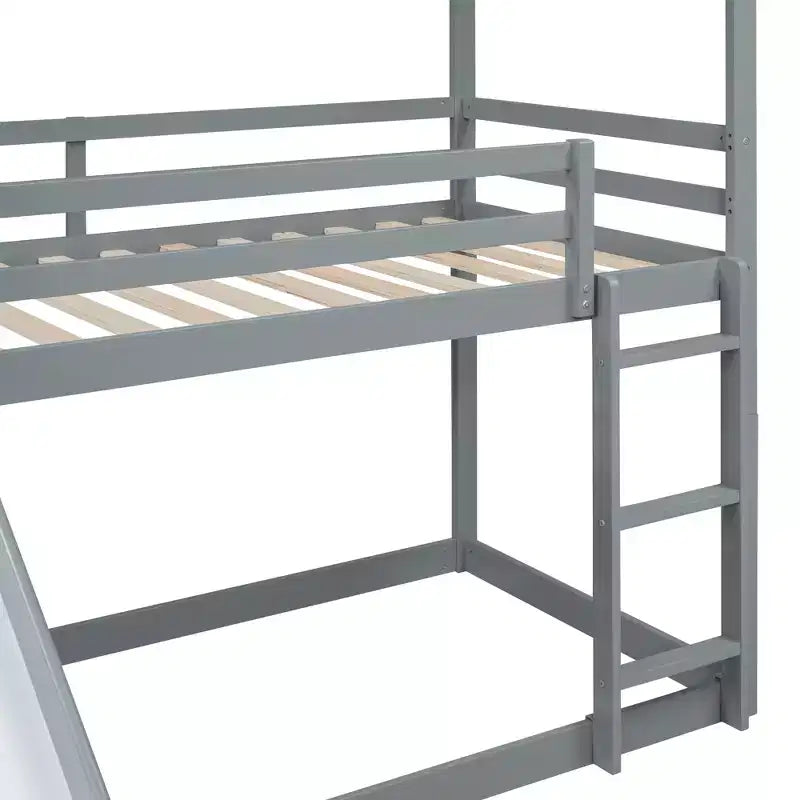 Lit superposé en bois double sur double avec toit, lits superposés bas avec toboggan et échelle