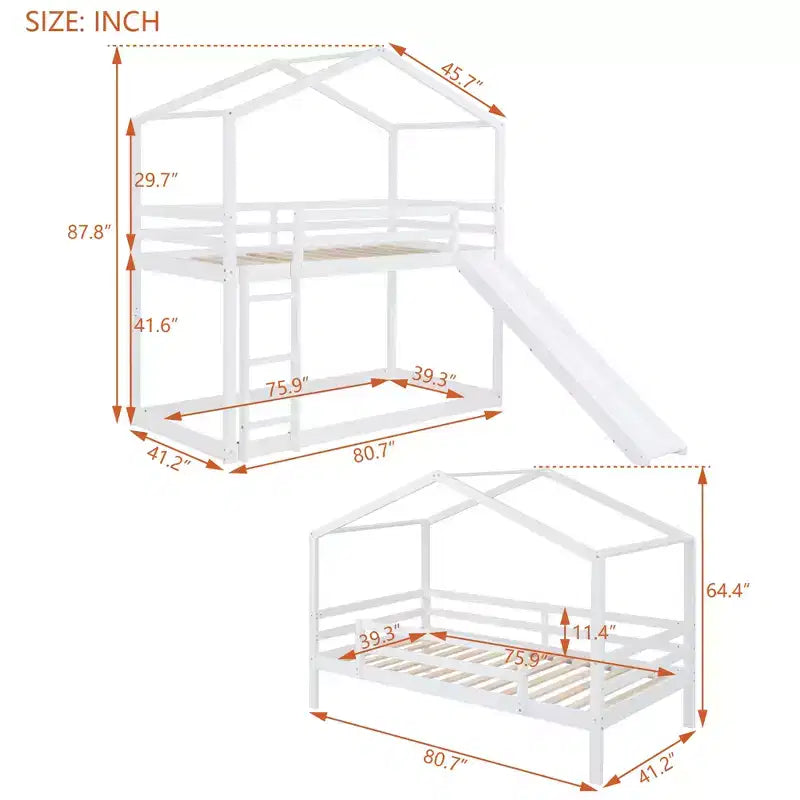 Lit superposé en bois double sur double avec toit, lits superposés bas avec toboggan et échelle