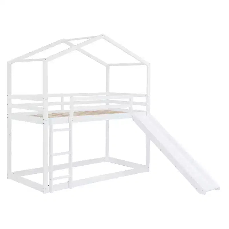 Lit superposé en bois double sur double avec toit, lits superposés bas avec toboggan et échelle