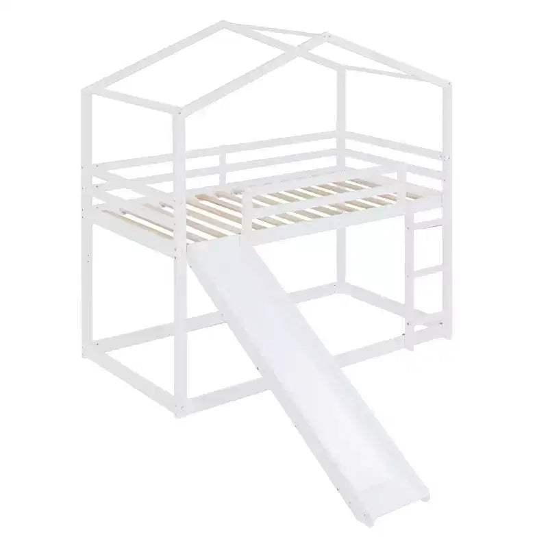 Lit superposé en bois double sur double avec toit, lits superposés bas avec toboggan et échelle