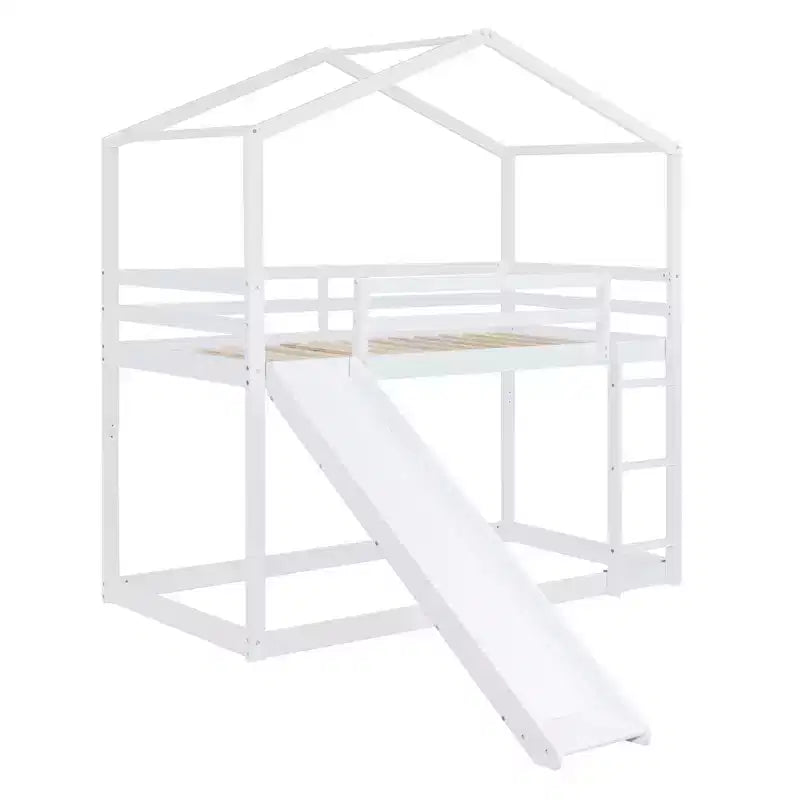Lit superposé en bois double sur double avec toit, lits superposés bas avec toboggan et échelle