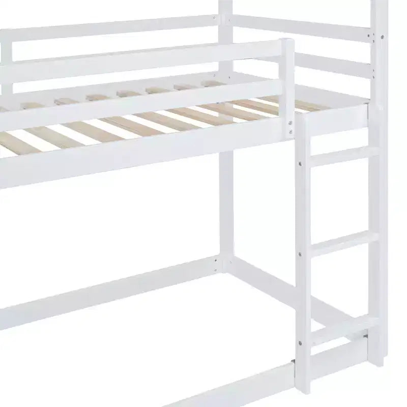 Lit superposé en bois double sur double avec toit, lits superposés bas avec toboggan et échelle