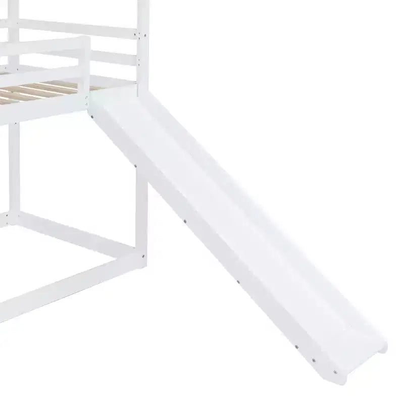 Lit superposé en bois double sur double avec toit, lits superposés bas avec toboggan et échelle