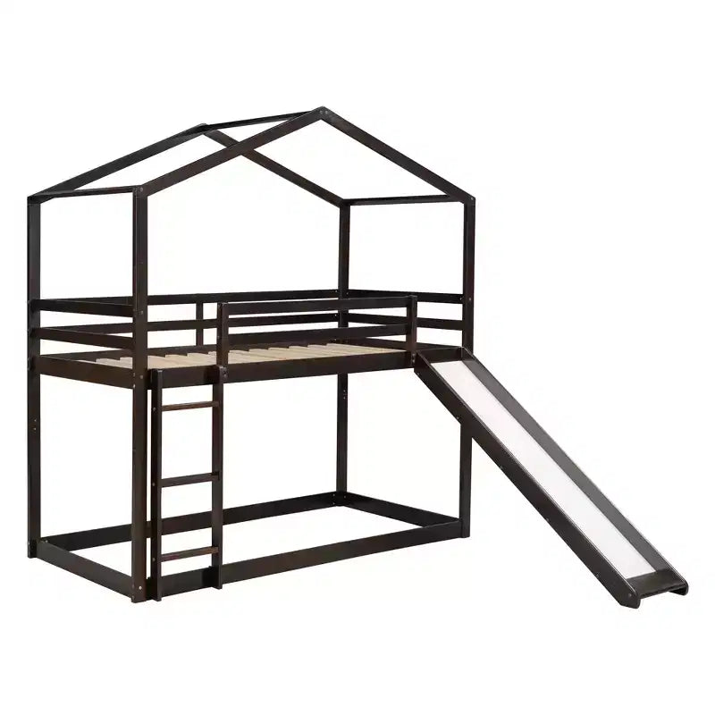 Lit superposé en bois double sur double avec toit, lits superposés bas avec toboggan et échelle