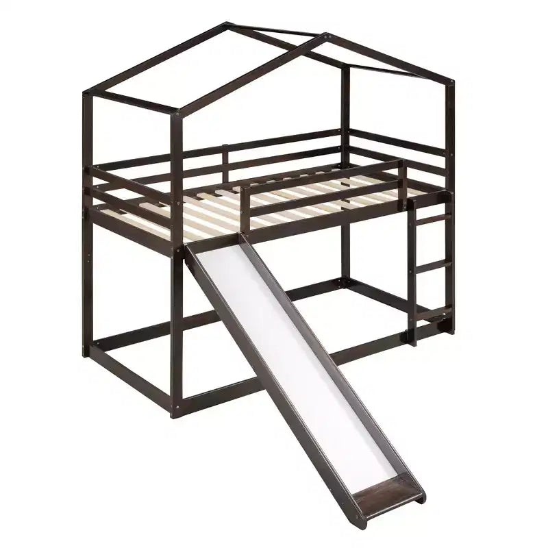 Lit superposé en bois double sur double avec toit, lits superposés bas avec toboggan et échelle
