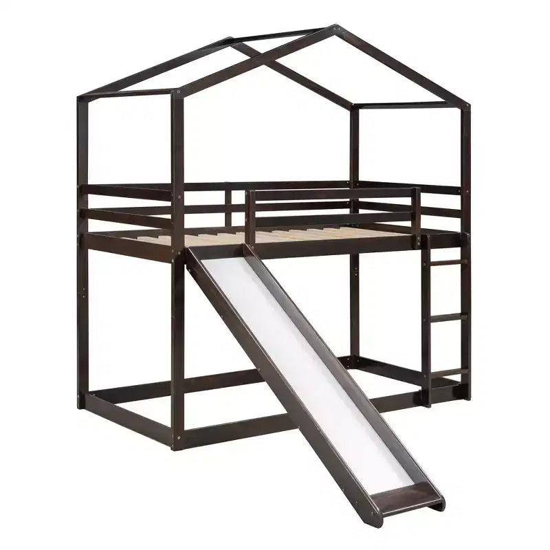 Lit superposé en bois double sur double avec toit, lits superposés bas avec toboggan et échelle