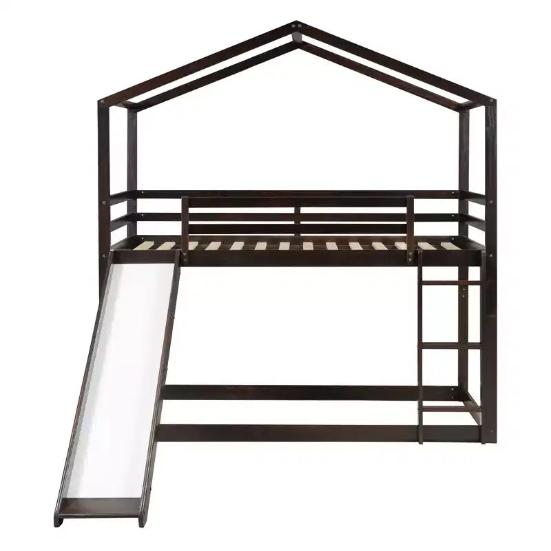 Lit superposé en bois double sur double avec toit, lits superposés bas avec toboggan et échelle