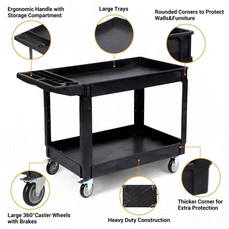 Chariot de service utilitaire à 2 niveaux, chariot à outils 250 kg avec roues, organisateur de rangement mobile polyvalent, pour entrepôt, atelier, garage
