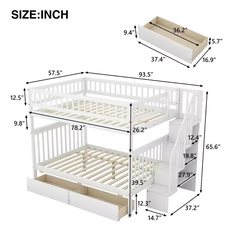 Lit superposé double sur double avec deux tiroirs de rangement et des étagères de rangement pour chambre d'enfants, d'adolescents et d'adultes
