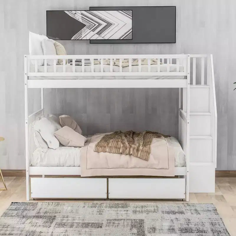Lit superposé double sur double avec deux tiroirs de rangement et des étagères de rangement pour chambre d'enfants, d'adolescents et d'adultes