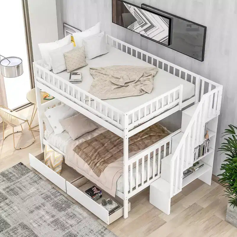 Lit superposé double sur double avec deux tiroirs de rangement et des étagères de rangement pour chambre d'enfants, d'adolescents et d'adultes