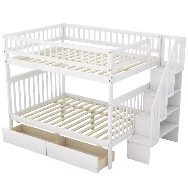 Lit superposé double sur double avec deux tiroirs de rangement et des étagères de rangement pour chambre d'enfants, d'adolescents et d'adultes