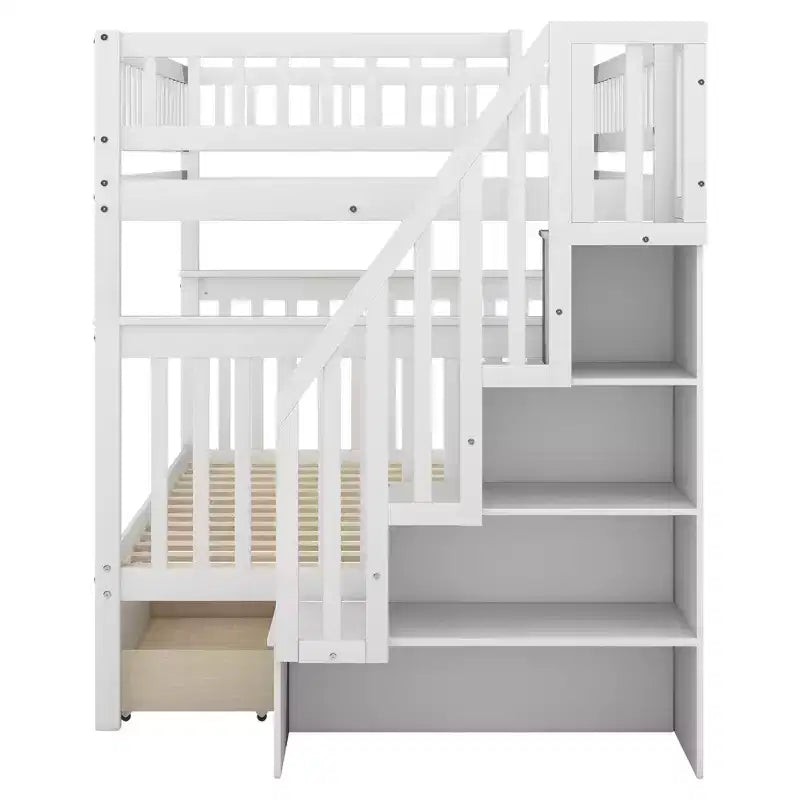 Lit superposé double sur double avec deux tiroirs de rangement et des étagères de rangement pour chambre d'enfants, d'adolescents et d'adultes