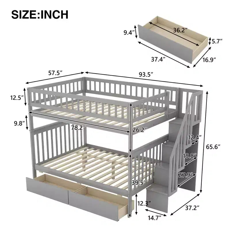 Lit superposé double sur double avec deux tiroirs de rangement et des étagères de rangement pour chambre d'enfants, d'adolescents et d'adultes